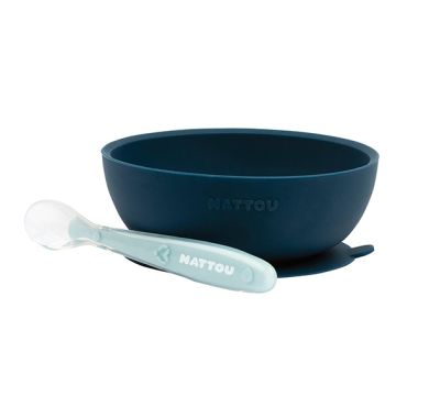Σετ φαγητού Nattou silicon 2 τεμαχίων μπολ και κουτάλι σκούρο μπλε - γαλάζιο στο Bebe Maison