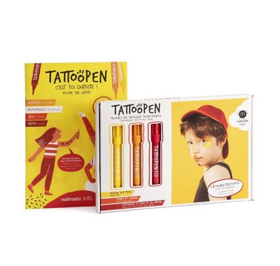 Σετ ζωγραφικής δέρματος Nailmatic tattoopen με βιβλιαράκι και μπογιές κίτρινο-πορτοκαλί-κόκκινο στο Bebe Maison