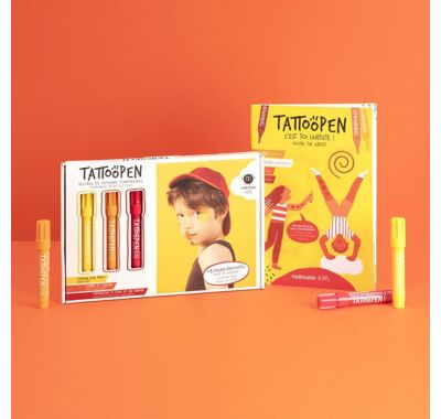 Σετ ζωγραφικής δέρματος Nailmatic tattoopen με βιβλιαράκι και μπογιές κίτρινο-πορτοκαλί-κόκκινο στο Bebe Maison
