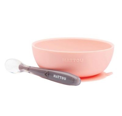 Σετ φαγητού Nattou silicon 2 τεμαχίων μπολ και κουτάλι ροζ-μωβ στο Bebe Maison