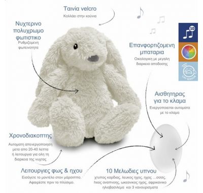 Επαναφορτιζόμενο βοήθημα ύπνου με αισθητήρα κλάματος & Φως Λευκό ZAZU RO Rabbit Λαγουδάκι στο Bebe Maison