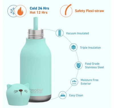 Ανοξείδωτο παιδικό παγουράκι με καλαμάκι 475ml Asobu Bestie Bottle Cat στο Bebe Maison