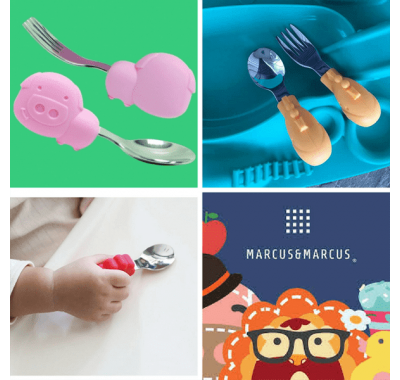 Marcus & Marcus  Γουρουνάκι  κουτάλι & Πιρούνι σετ σιλικόνης με βάση στο Bebe Maison