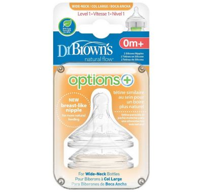 Θηλές σιλικόνης Dr Brown Options+ για μπιμπερό με φαρδύ λαιμό επίπεδο 1, 0 έως 3 μηνών (2τμχ) στο Bebe Maison