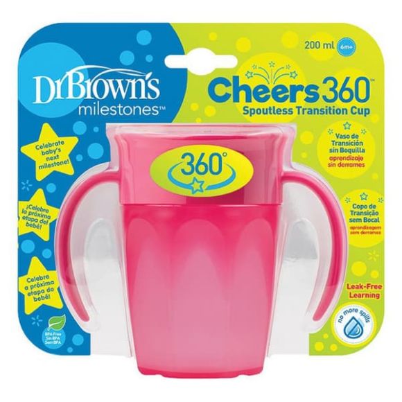 Εκπαιδευτικό ποτήρι με λαβές Dr Brown's Cheers 360° 200ml ροζ στο Bebe Maison