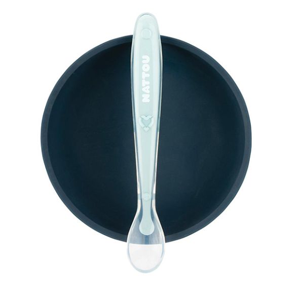 Nattou silicon food set 2 pieces bowl and spoon dark blue - light blue στο Bebe Maison