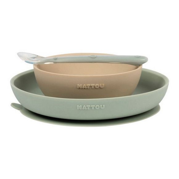 Σετ φαγητού Nattou silicon 3 τεμαχίων πράσινο- χρώμα της άμμου στο Bebe Maison