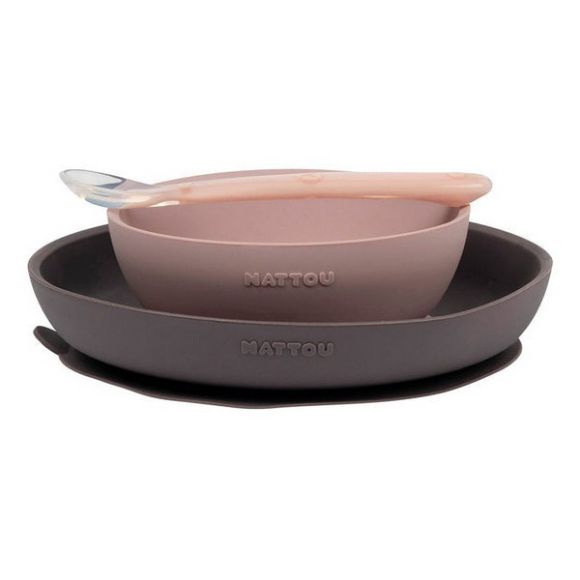 Σετ φαγητού Nattou silicon 3 τεμαχίων ροζ-γκρι στο Bebe Maison
