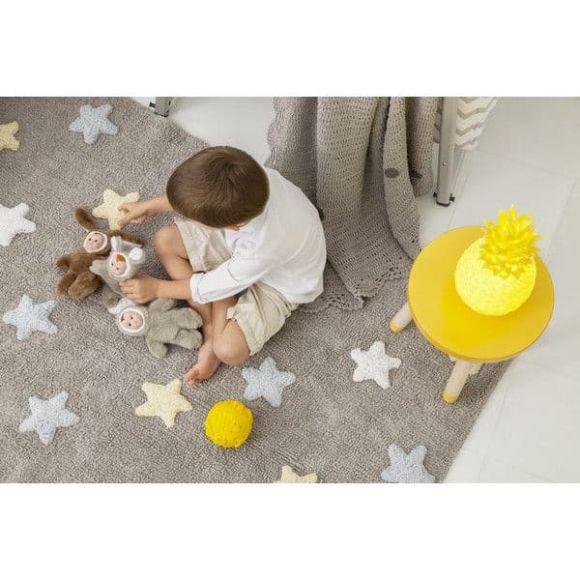 Παιδικό χαλί Lorena Canals γκρι αστέρια γαλάζιο, κίτρινο, λευκό. Grey Stars Bleu 120x160 στο Bebe Maison
