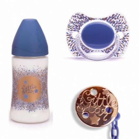 Σετ Suavinex Μπιμπερό πλαστικό 270ml 3P + Physio πιπίλα 0-4M + κλιπ πιπίλας Haute Couture μπλε στο Bebe Maison