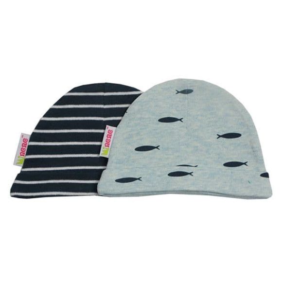 Minene Duo pack new born boys hats (0-3) Σιέλ ψαράκια- Μπλε ριγέ στο Bebe Maison