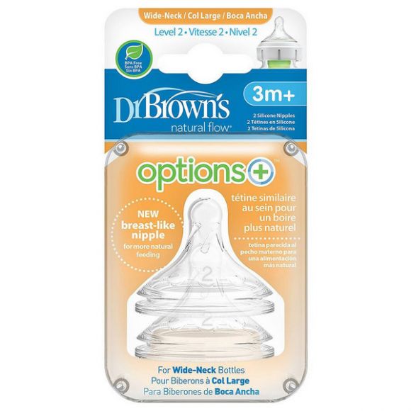 Θηλές σιλικόνης Dr Brown Options+ για μπιμπερό με φαρδύ λαιμό επίπεδο 2, 3 έως 6 μηνών (2τμχ) στο Bebe Maison