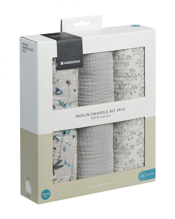 Πάνες αγκαλιάς 3 τμχ από μουσελίνα 100x100 εκ. KikkaBoo Dreamy Fields Grey στο Bebe Maison