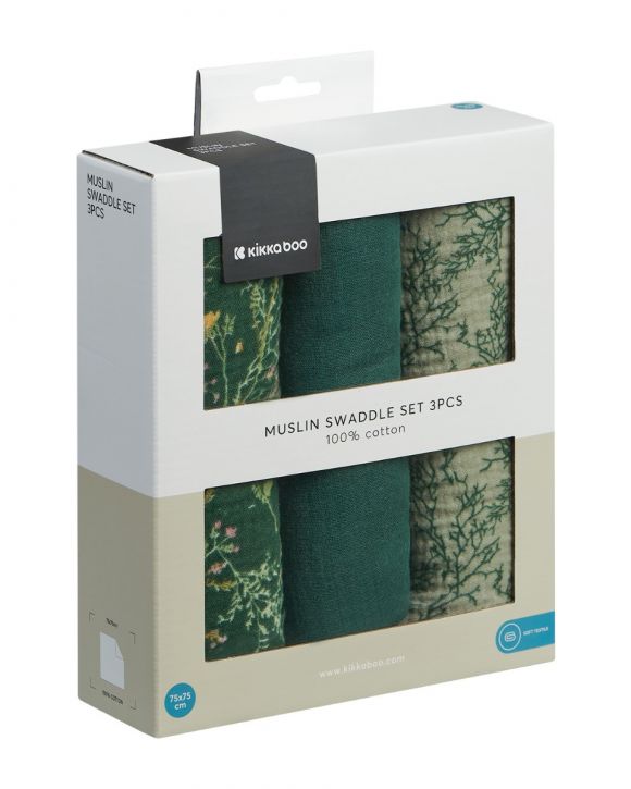 Πάνες αγκαλιάς 3 τμχ από μουσελίνα 75x75 εκ. KikkaBoo Secret Garden Green στο Bebe Maison